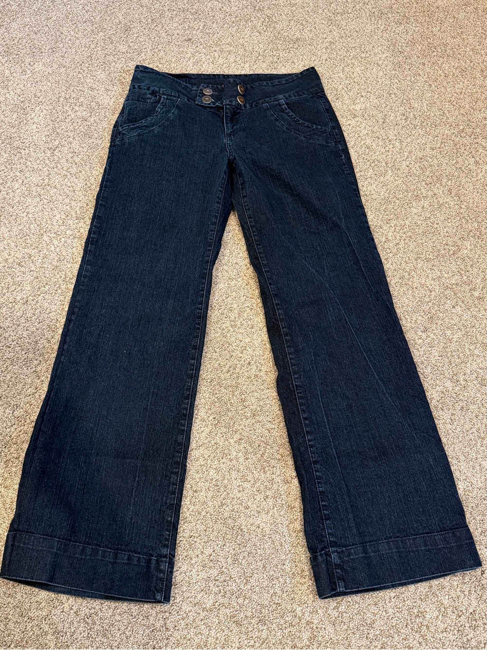 KIKIT Trouser Style Wide Jeans w Wide Waist Band. 4 Buttons. Dark Wash. Sz 10.